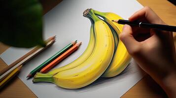 3d art en présentant image de main dessin réaliste banane bouquet avec crayon. génératif ai. photo