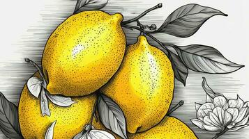 une La peinture de réaliste dessin citrons avec feuilles. génératif ai. photo