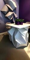 tondu image de moderne architecture intérieur conception avec à manger table ensemble et décoratif plante marmites. génératif ai technologie. photo