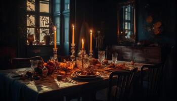 romantique dîner fête avec a la chandelle gourmet repas généré par ai photo