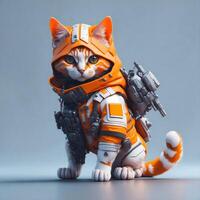 isométrique vue de une mini mignonne hyper réaliste futuriste soldat chat portant cyberpunk veste avec pente arrière-plan, génératif ai photo