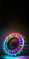néon éclairage roulette roue sur foncé arrière-plan, casino Jeu concept. génératif ai technologie. photo