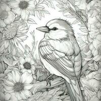 une oiseau sur une branche contre une Contexte de fleurs dessin avec une crayon pour une coloration livre. illustration avec une Contexte pour un anti stress album, salutation carte. photo