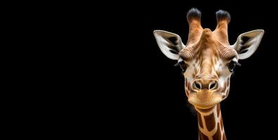 studio portrait de une la girafe tête sur une noir Contexte avec gratuit espace. génératif ai. photo