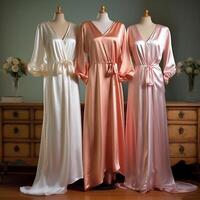 luxueux aux femmes rose soie pyjama robe, de face voir, mannequin. satin chemises de nuit avec un élégant couper. élégant conception pour le site Internet de le studio, boutique. ai généré. photo