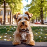 une Yorkshire terrier dans une élégant arc attacher pose contre le flou Contexte de une ville parc. fermer de une mignonne peu chien dans la nature. une modèle pour La publicité vêtements et accessoires pour animaux domestiques. photo