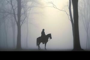 soldat sur une cheval, brumeux zone, silhouette. ai génératif photo