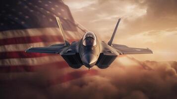 ai génératif militaire avion en volant sur le ciel avec Etats-Unis drapeau dans le Contexte photo