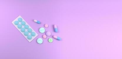 coloré pilules, comprimés et capsules cloques pour pharmacie et médecine, avec une seringue. rose médical Contexte. photo