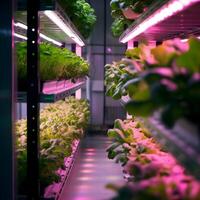 biologique hydroponique les plantes sur verticale fermes grandir avec LED éclairage. intelligent éco agriculture. se brouiller. le courant tendance de secteur agroalimentaire. génératif ai photo