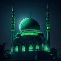 photo une grand mosquée avec une vert lumière dans le foncé ai génératif