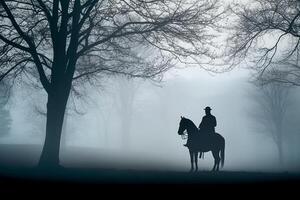 soldat sur une cheval, brumeux zone, silhouette. ai génératif photo