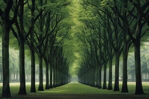 une rangée de des arbres dans une grand parc. ai génératif photo