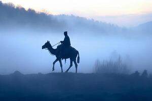 soldat sur une chameau, brumeux zone, silhouette. ai génératif photo