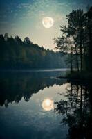 photo de Lac avec lune réflexion. ai génératif