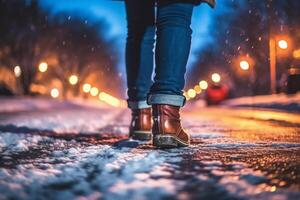 retour vue de proche en haut de une femme jambe en marchant dans neigeux hiver nuit parc. ai génératif photo