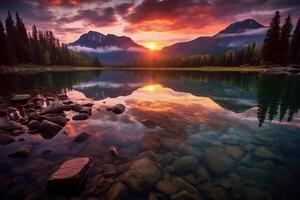 image une captivant scène de une tranquille Lac à le coucher du soleil. ai génératif photo