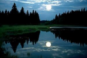 photo de Lac avec lune réflexion. ai génératif