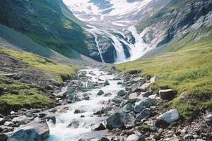 une colline et de une cascade dans été avec neige sur le sol. ai génératif photo