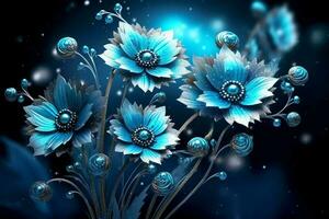 bleu fleurs avec ornements sur bleu Contexte. ai génératif photo