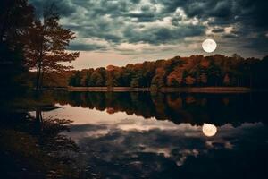 photo de Lac avec lune réflexion. ai génératif