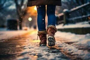 retour vue de proche en haut de une femme jambe en marchant dans neigeux hiver nuit parc. ai génératif photo