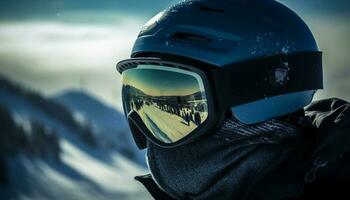 Montagne Hommes snowboard avec protecteur équipement pour amusement généré par ai photo