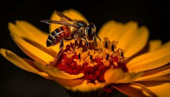 occupé abeille pollinise vibrant fleur dans printemps généré par ai photo