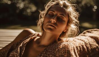 magnifique Jeune femme jouit la nature insouciant relaxation généré par ai photo