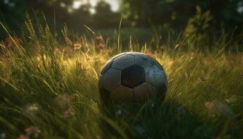 en jouant football sur vert prairie, été amusement généré par ai photo