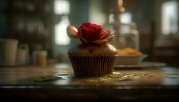 fraîchement cuit gourmet muffins sur rustique table généré par ai photo