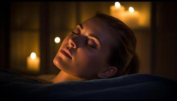 magnifique Jeune femme pacifiquement en train de dormir dans lit généré par ai photo