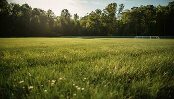 vert prairie, arbre, et ciel dans été généré par ai photo