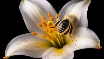 petit abeille pollinise Frais Marguerite dans été généré par ai photo