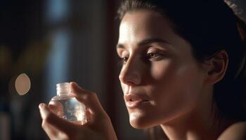 Frais face Jeune femme détient beauté produit bouteille généré par ai photo