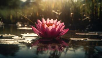 lotus l'eau lis fleurs dans tranquille étang généré par ai photo