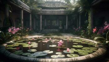 lotus l'eau lis fleur dans tranquille étang généré par ai photo