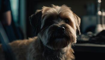 mignonne schnauzer chiot séance à l'intérieur à la recherche à caméra généré par ai photo