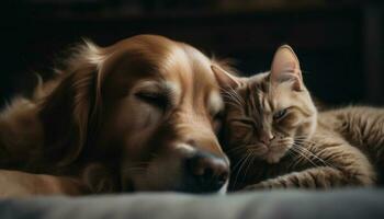 mignonne chiot et chaton en train de dormir ensemble à l'intérieur généré par ai photo