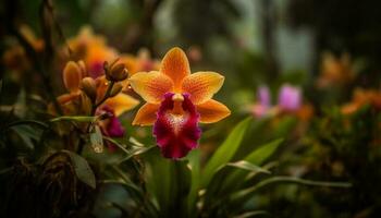 vibrant papillon de nuit orchidée fleurs dans formel jardin généré par ai photo