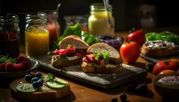 rustique pain ciabatta sandwich avec Frais légumes et Viande généré par ai photo
