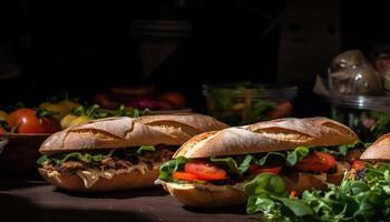 grillé gourmet sandwich sur pain ciabatta avec Frais des légumes généré par ai photo