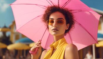 souriant Jeune femme jouit humide été journée généré par ai photo