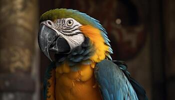 vibrant écarlate ara se percher sur tropical branche généré par ai photo