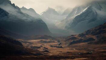 majestueux Montagne gamme, tranquille prairie, serein le coucher du soleil généré par ai photo