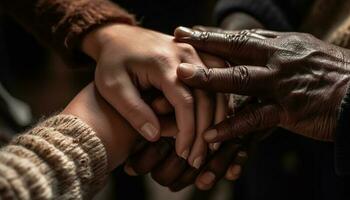 mains étreint dans unité, l'amour et soutien généré par ai photo