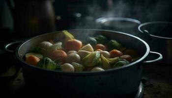 Frais des légumes grésiller dans en bonne santé jeter le fer Ragoût généré par ai photo