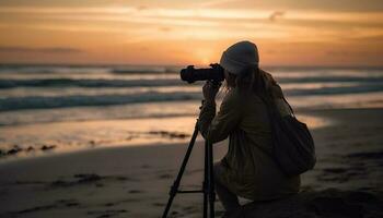 le photographe, en portant le sien slr caméra, capturé la nature beauté à crépuscule généré par ai photo