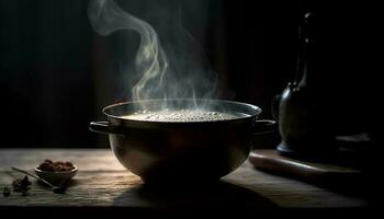 fumant chaud soupe sur rustique en bois table généré par ai photo