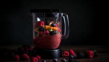 rafraîchissant baie smoothie dans rustique en bois bol généré par ai photo